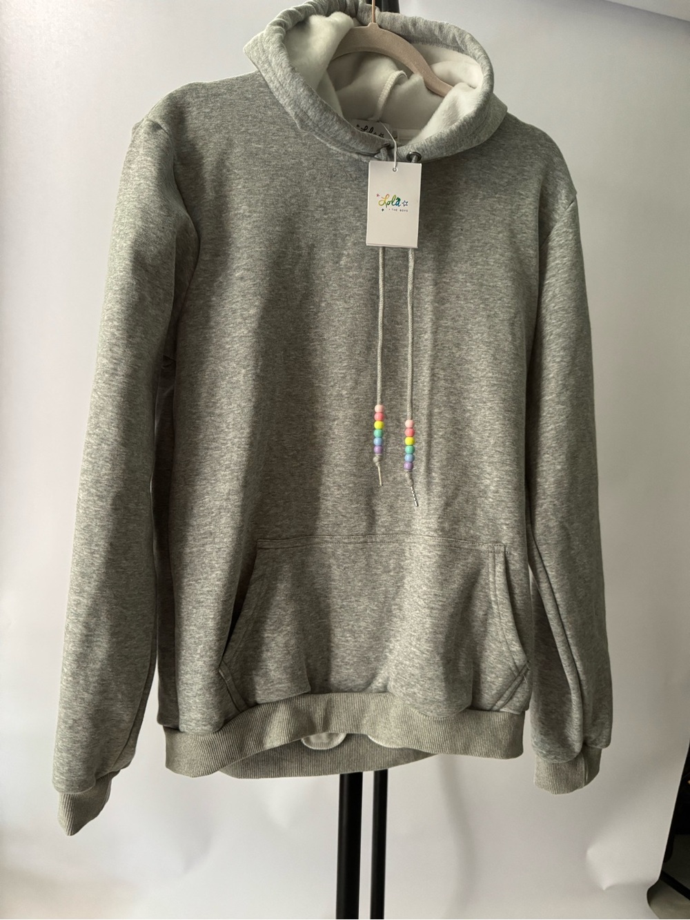Light Gray Women's Hooded Sweatshirt with Bead-Tip Drawstrings